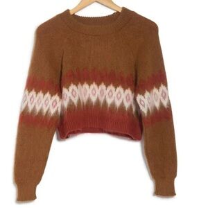 Abound Fair Isle fuzzy plaid detail crewneck cropped rust sweater size small